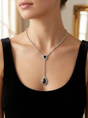 ​Black Teardrop Crystal Y-Necklace Silver Rhinestone Lariat